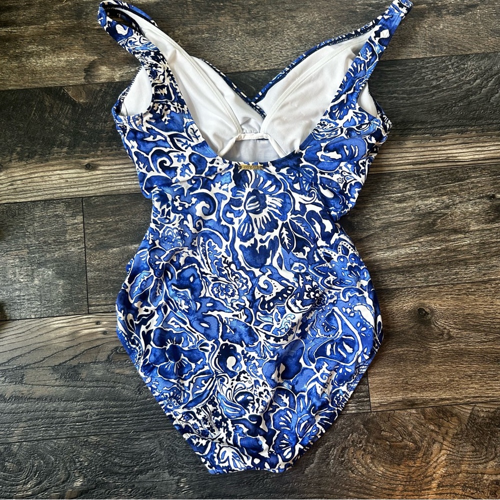 Lauren Ralph Lauren Playa Twist Underwire Tummy Control Swimsuit Blue White 8 - Picture 3 of 7